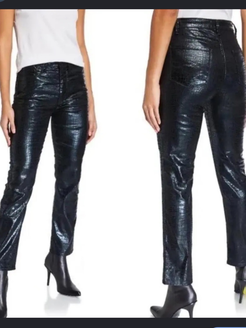 FRAME Le Sylvie Slender Straight Black Croc-Embossed Coated Jeans
